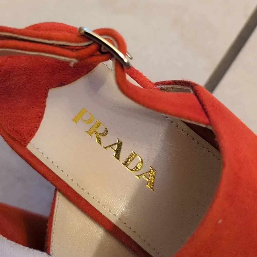 Prada Lipstick Red Wedges Leather Suede Platform Ankle Strap Sandals Size 11.5